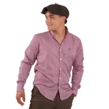 Camisa de hombre a cuadros rojos y blancos, de manga larga y corte clásico.