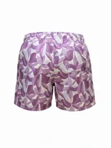 Short de baño de secado rápido con estampado floral en tonos lila y violeta, con cintura elástica y cordón ajustable bicolor.