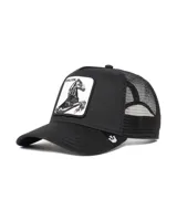 Gorra tipo trucker de Goorin Bros, modelo The Stallion, con panel frontal negro estructurado y malla trasera negra. Presenta un parche bordado en el frente con la imagen de un caballo y la palabra Stallion.