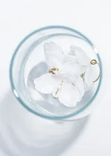 Par de aros colgantes con forma de flor roja de acrílico y aro dorado.