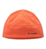 Gorro tipo beanie de polar color naranja, con diseño de costuras superiores y logo de la marca bordado en el frente.