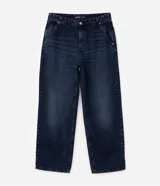 Pantalón de jean con corte super baggy, de calce amplio y holgado. Presenta un efecto marmoleado, cintura con trabillas, cierre tradicional y bolsillos laterales y traseros.
