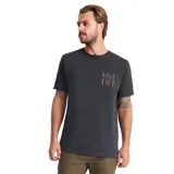 Remera negra de manga corta con cuello redondo y estampado en el pecho con diseños geométricos y un ojo.