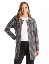 Cardigan largo de tejido con estampado de cuadros gales, marca Rio & Rian. Presenta cuello con solapa, mangas largas y diseño abierto sin botones.