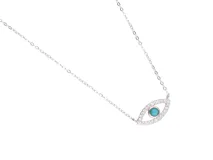 Collar de plata 925 con dije de ojo turco con circonias y pasta de turquesa central. El dije tiene forma de gota plana con un ojo al que se le atribuyen poderes o fuerzas, por ello es utilizado como talismán y amuleto contra el mal de ojo.