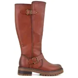 Bota marrón de caña alta con hebillas decorativas y suela track.