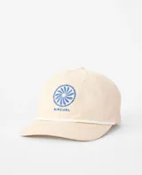 Gorro tipo gorra con visera Rip Curl color beige, con cordón blanco en la base de la corona y bordado frontal en tono azul.