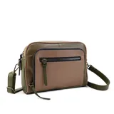 Cartera bandolera de diseño tricolor en tonos amarillo, marrón y negro, con múltiples compartimentos frontales con cierre y correa larga regulable y desmontable.