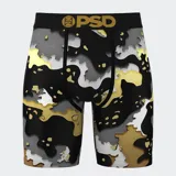 Calzoncillos tipo bóxer de poliéster y elastano con estampado abstracto en tonos negro, gris, blanco y dorado. Cuenta con pretina elástica negra con logo PSD en dorado.