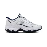 Championes deportivos Skechers modelo E'Lite Afterburn, con tecnología Slip-ins para calce fácil. Presentan una parte superior de cuero y material sintético en color blanco con detalles en azul marino, cordones elásticos y suela robusta con tracción.