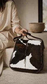 Cartera tipo bandolera confeccionada en cuero vacuno con pelo (nonato), con diseño bicolor en tonos marrón oscuro y blanco. Presenta costuras artesanales en los laterales, cierre central con detalle de botón y correa larga ajustable.