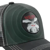 Gorro Capslab unisex con visera curva, de color negro con malla trasera y parche bordado de Wile E. Coyote en el frente.
