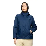 Campera impermeable Merrell modelo Fallon, color azul marino, con capucha ajustable, cierre frontal con solapa, bolsillos laterales con cierre y puños ajustables con velcro.