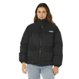 Campera puffer negra con diseño combinado de pana en la parte superior y tejido liso en la inferior. Presenta cuello alto, cierre frontal completo, bolsillos delanteros con solapa y logo de la marca en el pecho.