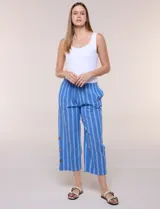 Pantalón de algodón rústico color verde, de tiro medio-alto con pretina elastizada y bolsillos laterales. Presenta corte holgado, diseño cropped de pierna ancha y aberturas laterales en los tobillos con detalles de botones.