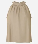 Blusa halter sin mangas confeccionada en mezcla de algodón, viscosa y lino, con cuello redondo fruncido y diseño fluido.