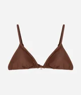 Top de bikini triangular en microfibra marrón, con pespuntes contrastantes y tiras ajustables.