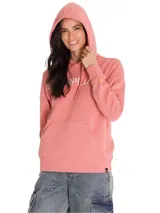 Buzo tipo hoodie de la marca Caterpillar, color rosado, con capucha ajustable mediante cordones, bolsillo canguro frontal y estampado con el logo de la marca en el pecho.