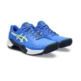 Championes de pádel Asics Gel-Challenger 14, color azul con detalles en amarillo neón. Presentan una estructura técnica con tecnología Wingwall para mayor estabilidad lateral, suela de goma resistente y entresuela con amortiguación para un rendimiento óptimo en la cancha.