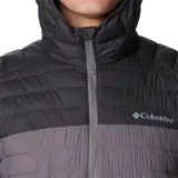 Campera acolchada Columbia Silver Falls con capucha y aislamiento sintético, color gris y negro. Tiene cierre frontal, bolsillos laterales con cierre, puños elásticos y dobladillo ajustable con cordón. Se puede guardar en su propio bolsillo.