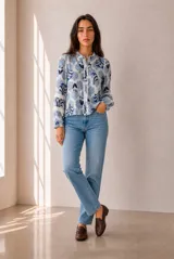 Camisa de manga larga con estampado floral en tonos azules y blancos, cuello con volados y detalles de encaje a lo largo de la botonadura y en las mangas.