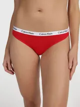Bombacha Calvin Klein tipo tanga, color rojo, con cintura elástica blanca con logo de la marca.