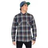 Camisa de manga larga con estampado a cuadros en tonos marrón, azul y celeste. Tiene dos bolsillos en el pecho con cierre de botón.