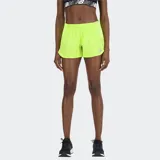 Short de running New Balance Impact Run de 3 pulgadas, color verde neón (amarillo verdoso), con cintura elástica y logo reflectante en el muslo.