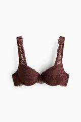 Soutien push-up de encaje color marrón con aros, copas con relleno y breteles anchos de encaje ajustables.