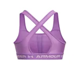 Top deportivo Under Armour de soporte medio, color negro, con diseño de espalda cruzada y banda elástica inferior con el logo de la marca estampado.