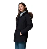 Campera tipo parka para mujer, color negro, con tecnología impermeable y transpirable. Cuenta con capucha ajustable forrada en sherpa con borde de piel sintética, cierre frontal bidireccional, cintura ajustable y múltiples bolsillos con cremallera. Incluye puños interiores acanalados para mayor protección contra el frío.
