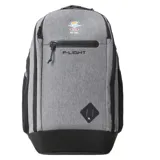 Mochila Rip Curl F-Light Searcher color gris melange, con detalles en negro, base reforzada, múltiples compartimentos con cierre y el logo de la marca estampado en el frente.