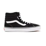 Championes de caña alta Vans modelo Filmore Hi, color negro con detalles en blanco. Presentan la icónica franja lateral de la marca, cordones blancos y suela de goma resistente.