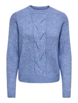 Sweater tejido de manga larga con cuello redondo y mangas raglán, con textura de cable y puños acanalados.