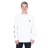 Remera blanca de manga larga con cuello redondo y logo de Volcom estampado en el pecho y en la manga izquierda.