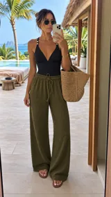 Pantalón tipo palazzo de tiro alto con cintura elástica y cordón ajustable. Confeccionado en tela texturizada con caída fluida y corte amplio.