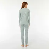 Conjunto de pijama de dos piezas, compuesto por una remera de manga larga color verde menta con un estampado de tres osos y la palabra "MOOD", y un pantalón largo del mismo color con estampado repetido de pequeños osos.