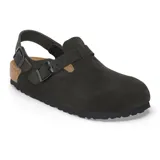 Zueco de gamuza color negro con correa ajustable en el talón y hebillas metálicas. Cuenta con la clásica plantilla de corcho y suela de goma antideslizante.