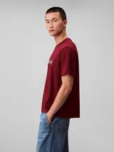 Remera de manga corta y cuello redondo, confeccionada en tejido de punto de algodón. Presenta un estampado gráfico en el pecho con el logo de la marca en estilo cursivo.