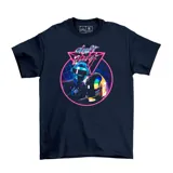 Remera de algodón color azul marino con estampado gráfico frontal de Daft Punk en estilo retro neón.