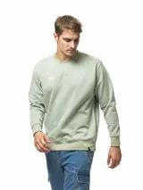 Buzo de felpa con cuello redondo, color verde menta, con puños y ruedo acanalados. Presenta un pequeño estampado gráfico en el pecho con el número 1955 y una estrella.