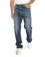 Jeans de mezclilla color azul, de corte recto y diseño clásico de cinco bolsillos.