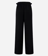 Pantalón pantalona de sastrería color negro, de cintura alta con diseño cruzado y hebillas laterales.