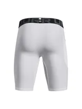 Calza corta de compresión Under Armour, color blanco, con cintura elástica ancha con logo de la marca y bolsillo lateral Strength Pocket.