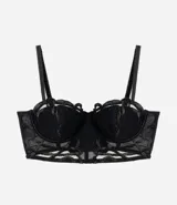 Soutien alargado Lov de color negro, confeccionado en tul con diseño geométrico y transparencias, copas con soporte y breteles finos regulables.