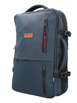 Mochila y maletín RKF azul navy de poliéster reciclado repelente al agua, con tres compartimentos independientes con cierre, compartimento para laptop de 15 pulgadas, triple bolsillo frontal, mango lateral y correas ajustables.