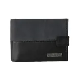 Billetera negra de cuero con costuras reforzadas y logo Rip Curl metálico en la parte inferior.