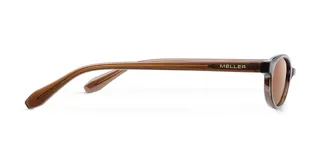 Lentes de sol unisex con montura fina y estrecha de forma ovalada. La montura es de color marrón translúcido y las lentes son polarizadas de color marrón.