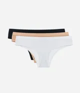 Kit de tres bombachas modelo bikini de la marca Lov, confeccionadas en microfibra lisa con cintura media y laterales medianos. Incluye una pieza en color blanco, otra en color beige y otra en color negro.