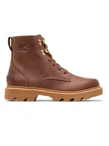Bota de cuero marrón con cordones, suela track de goma y el logo de la marca Sorel grabado en el lateral.